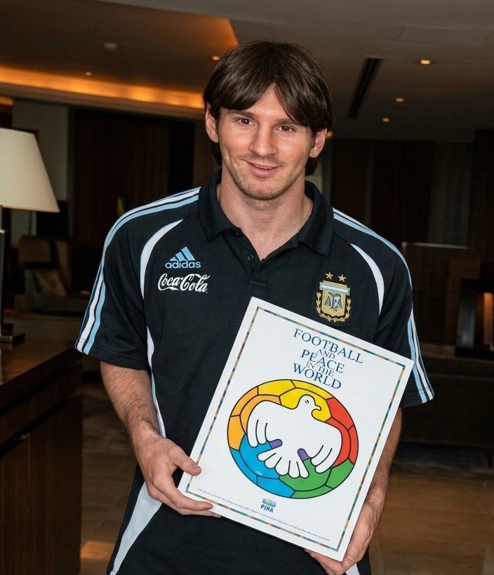 Lionel Messi con il libro Football and Peace in the World